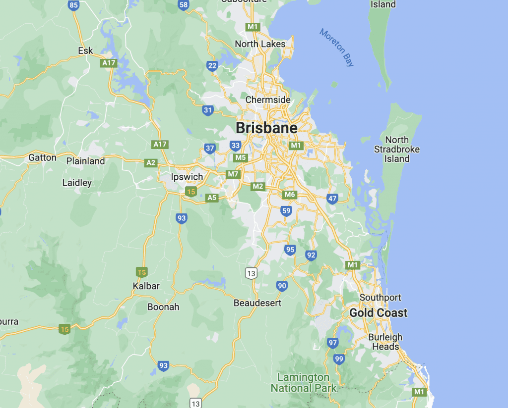 Screenshot of Google Maps Showing Logan, Goldcoast and Scenic Rim Areas